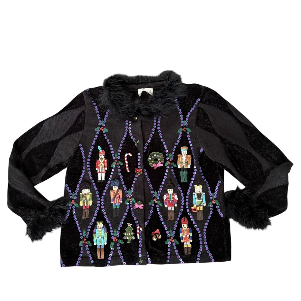 Vintage Nutcracker Christmas Cardigan Sequin Feather Trim Black L Whimsical